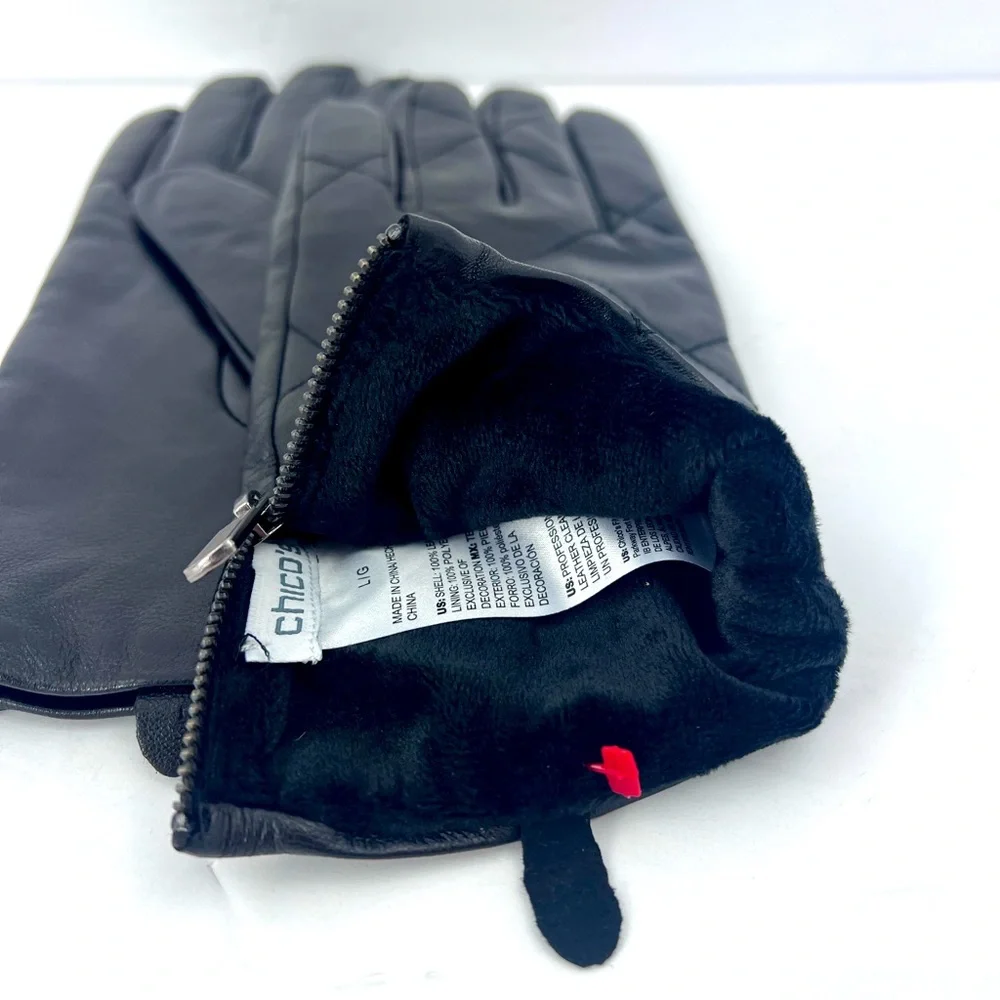CHICO’s QUILTED DESIGN BLACK LEATHER GLOVES, INSIDE SUPER SOFT & WARM POLYESTER